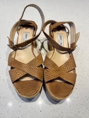 Jimmy Choo Tan Woven Espadrille Wedge Sandals Size 40 US 10